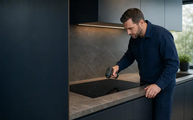 Ankastre ocağı güvenli biçimde inceleyen teknik servis görevlisi